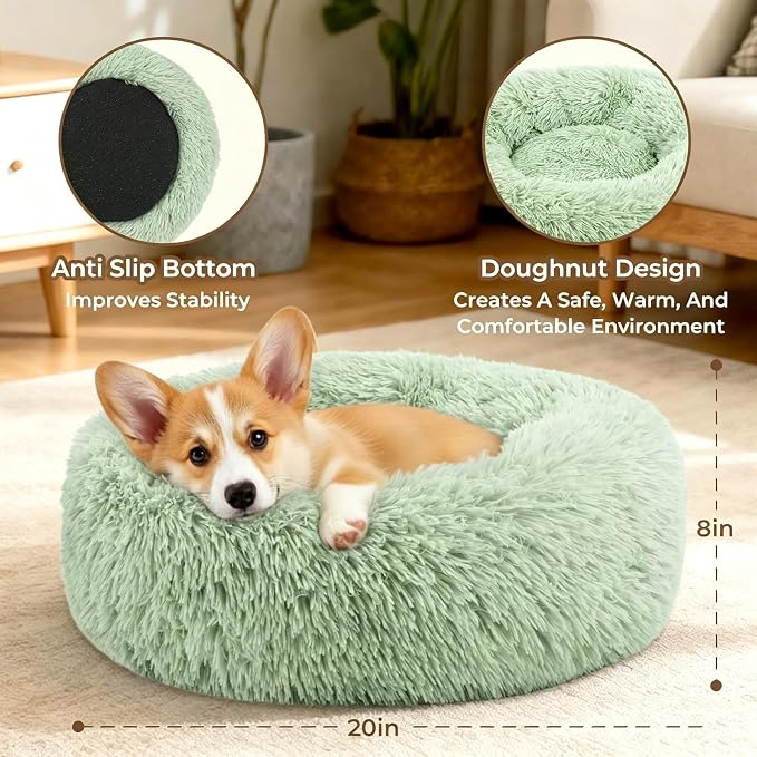 Calming Donut Dog and Cat Bed for Indoor Cats, Anti-Anxiety Round Fluffy Soft Washable Small Pet Bed for Puppy and Kitten, Warming Comfortable Luxury Anti-Slip Waterproof Mute Base 20in Green