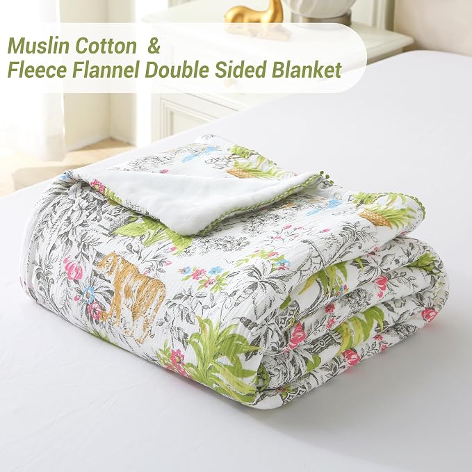 Viviland Cotton Blanket Muslin Blankets for Adult Reversible Flannel, Gifts for Women, Cozy and Soft for All Seasons, Home Decor Throw for Sofa, Chair, Tiger Yanina, 50x70 inches