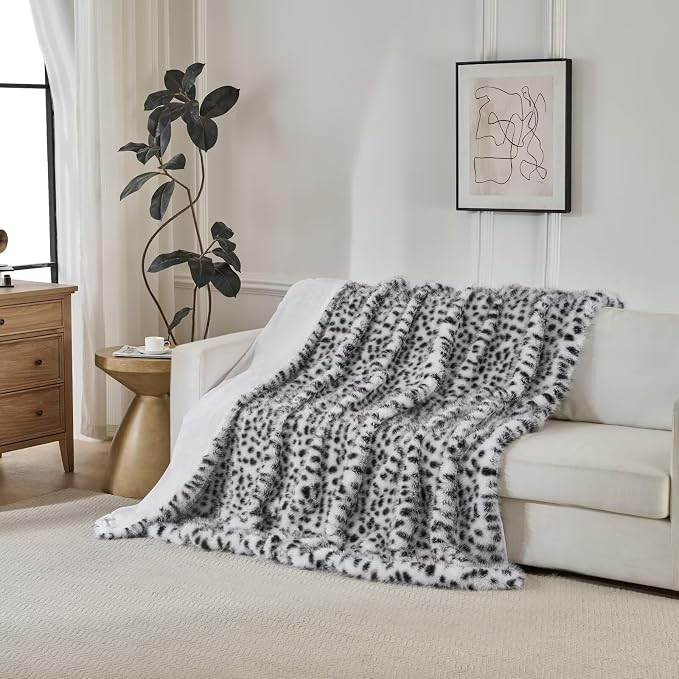 Luxury Fluffy Faux Fur Throw Blanket,Thick Fluffy Silky Fuzzy Cozy Blanket,Plush Blankets for Couch, Sofa, Chair, Bed-Snow Leopard,50x60 Inches