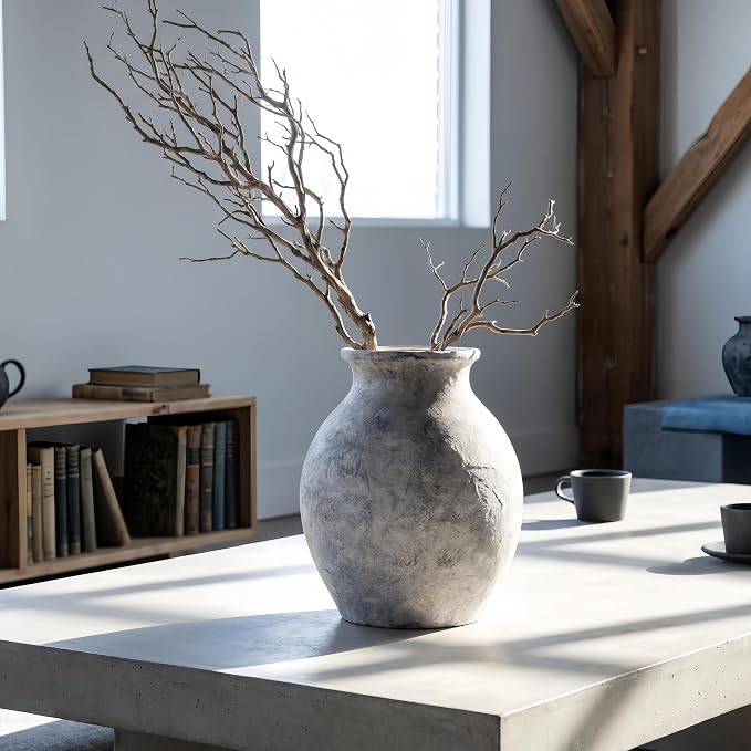 Lvases 10in XL White Ceramic Vase, Aged Stone Cement Mediterranean Vase | Rustic elegant finish with authentic limestone texture fits Tuscan farmhouse style as table decor living room home decoration