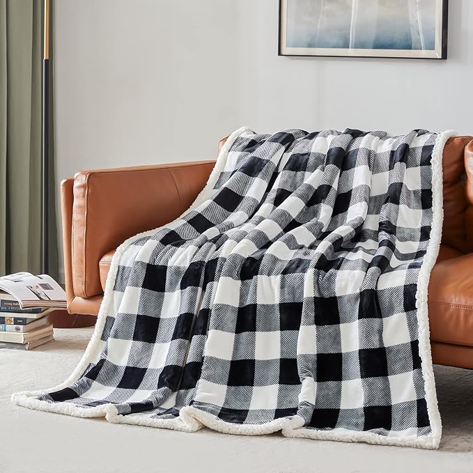 Sherpa Plaid Twin Blanket 60" X 70", Fuzzy Fluffy Soft Cozy Throw Blanket, Twin Size Plush Fleece Flannel Plush Microfiber Blanket for Couch Bed Sofa (Black)