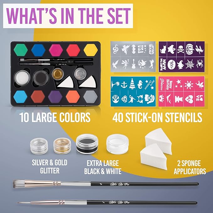 Face Paint Kit for Kids – 58 Washable Pieces, 20 Vibrant Non-Toxic Colors, Includes Brushes, Sponges, Glitter & Stencils – Safe, Hypoallergenic, Perfect for Birthdays, Halloween & Parties