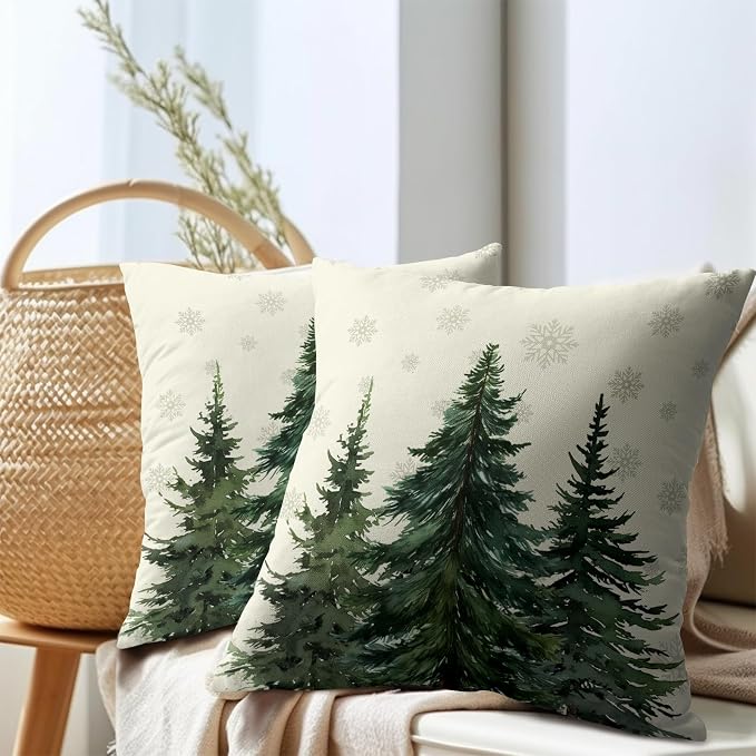 Kawani Winter Pine Forest Pillow Covers 22x22 Inches, Set of 2 Seasonal Snowflakes Birch Trees Cotton Linen Pillow Cushion Case for Sofa Couch Bed Christmas Holiday Home Decor