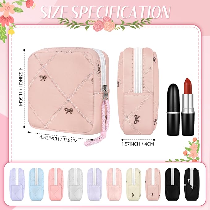 Likesing Quilted Period Bag, Period Pouches for Teen Girls Womens, Portable Bow Sanitary Napkin Storage Bag Feminine Emergency Tampon Pad Pouch(Pink Bow)