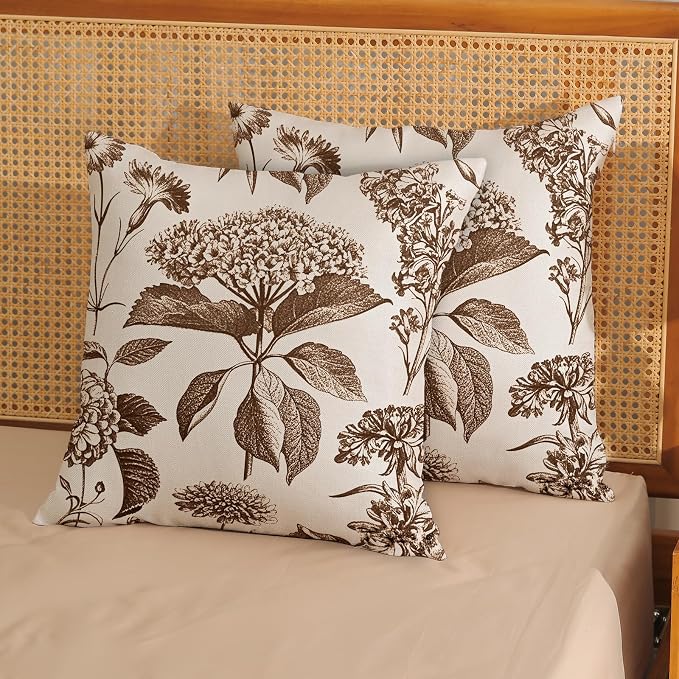 Floral Pillow Covers 18x18 Set of 2 Vintage Brown Hydrangea Herbs Botanical Throw Pillow Cover Outdoor Decoration Boho Flower Pillowcase Farmhouse Decorative Cushion Case for Home Sofa Couch