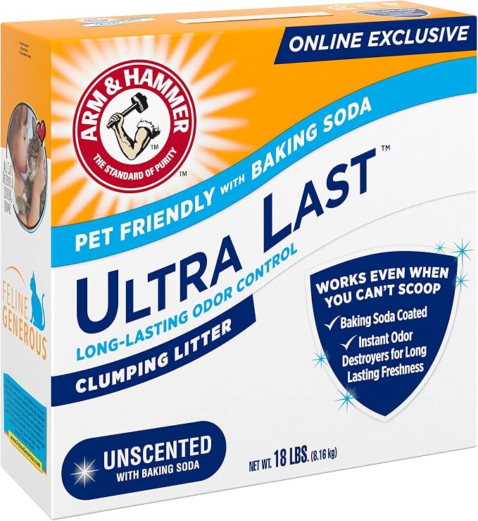 ARM & Hammer Ultra Last Clumping Cat Litter, Unscented, MultiCat, 18 Lbs | Clumping Formula, 99% Dust Free, Pet Friendly, Baking Soda Odor Control