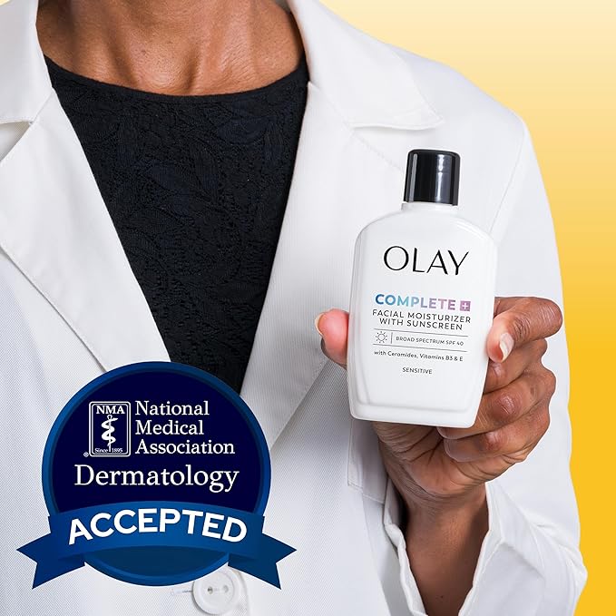 Olay Complete+ Face Moisturizer with Sunscreen SPF 40, For Sensitive Skin, Broad Spectrum Sun Protection, Fragrence-Free - No White Cast on All Tones, Nourishes Moisture Barrier - Ceramides, 6 Oz