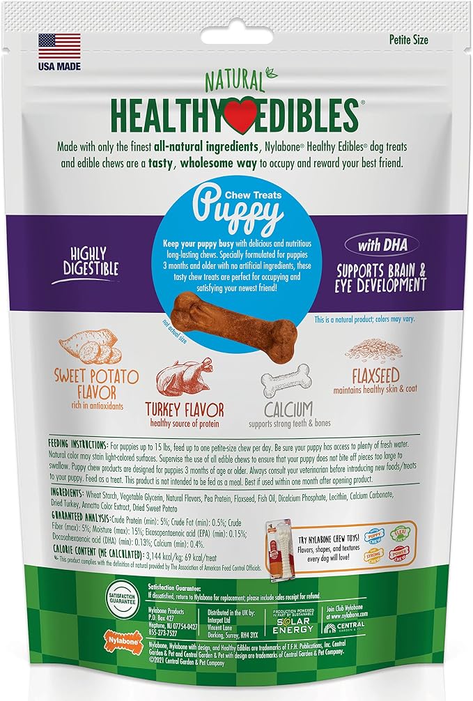 Nylabone Healthy Edibles Puppy Dog Treats, 16 Count | Turkey & sweet potato flavor, natural puppy treats, USA made, highly digestible, small dog treats for puppies up to 15 lbs