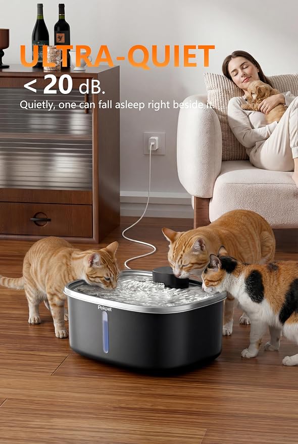 Dog Water Fountain Indoor Homes Stainless Steel 10L/2.64GAL Plug in Plastic Reservoir Stainless Steel Water Bowl Filtered Multi-Pet Quiet Large Black Plug-in &1Filter