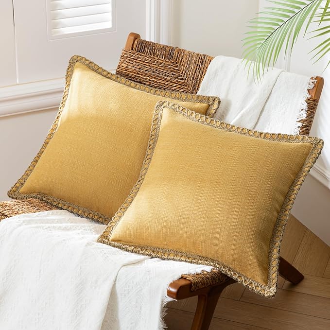 Phantoscope Pack of 2 Farmhouse Decorative Throw Decorative Pillow Cover Burlap Linen Trimmed Tailored Edges, Mustard Yellow, 20 x 20 inches, 50 x 50 cm