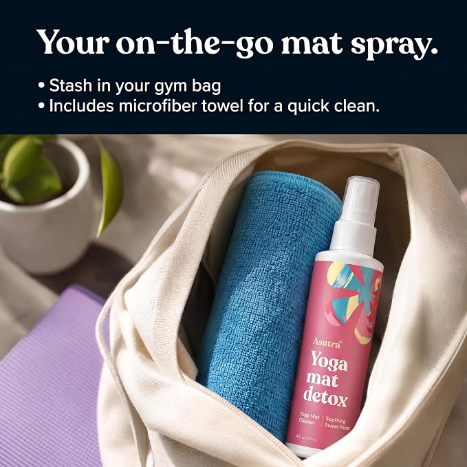 ASUTRA Yoga Mat Cleaner Spray (Soothing Sweet Rose), 4 fl oz - No Slippery Residue, Organic Essential Oils, Deep-Cleansing for Fitness Gear & Gym Equipment, Microfiber Towel Included