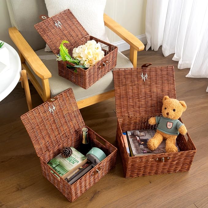Set of 3 Woven Wicker Storage Basket Box with Lids & Lock, Built-in Carry Handles, Multifunctional Storage Organizer for Nursery, Baby, Toys, CLoset, DVD Large/Medium/Small Size (Natural)