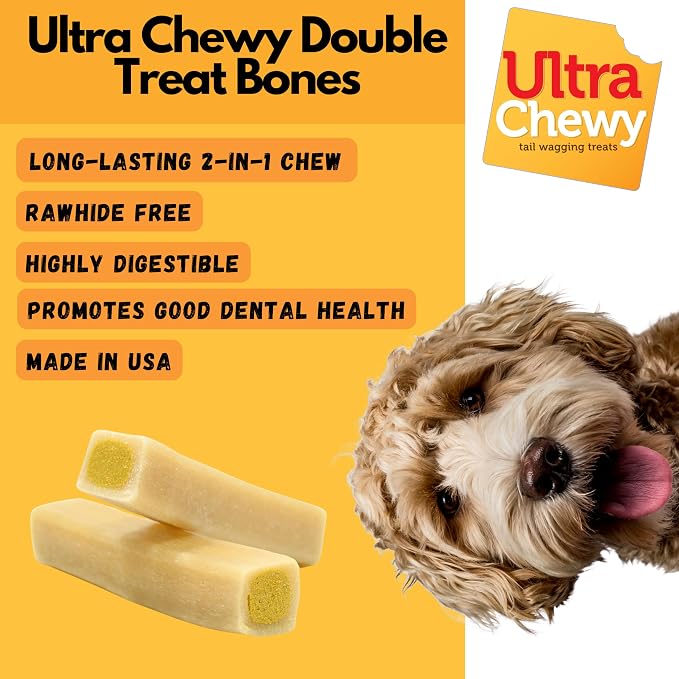 Ultra Chewy Double Treat Bones Dog Treats, Assorted Flavors, 1 Pack | 9 Bones Per Pack, Made in The USA, Healthy Treats, Easy to Digest, Promotes Dental Health