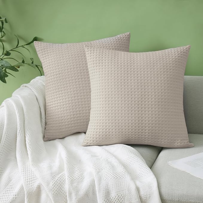 100% Egyptian Cotton 600 TC Waffle Weave Throw Pillow Covers 2 Pack | Ultra Soft Breathable Euro Pillow Shams Covers, Decorative Cushion Covers for Bed Couch Sofa Car, Beige, 26" x 26"