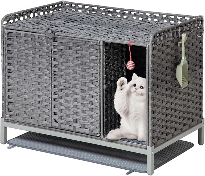 SETVSON Cat Litter Box Enclosure Furniture with Divider, Cat Cabinet,Gray | Handwoven PE Rattan with Soft Mat, 3.54-In Heightened Metal Feet, 2 S-Hooks, 31.2 x 19.6 x 24.2 Inches Spacious Cat Furniture