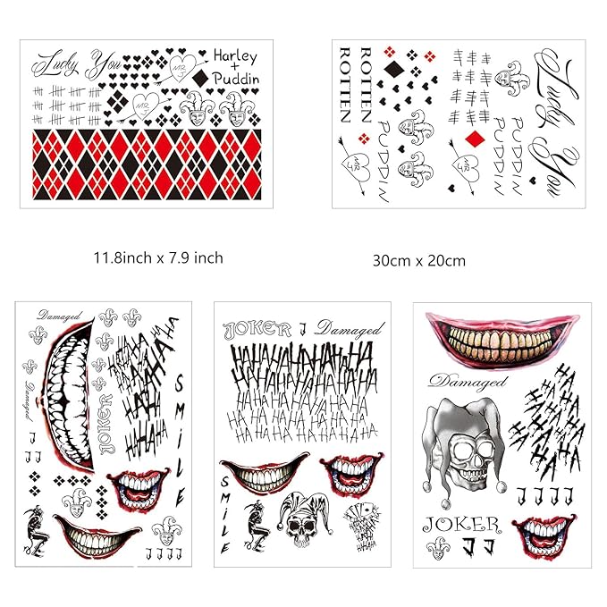35 Sheets Large-size Halloween Temporary Joker Tattoos, Halloween Fake Scar Tattoos, Halloween Fake Joker Tattoos Stickers - Perfect for Halloween, Parties, Cosplay and Costumes
