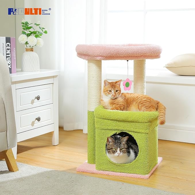 PEQULTI Indoor Cat Tree Tower Small Cats, Sisal Post & Cozy Condo, Pink | Private soft cat condo, soft top perch, natural sisal scratch posts, plush pom-pom toy for indoor kitties