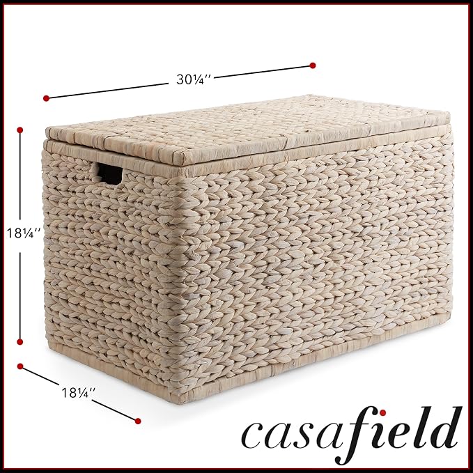 Casafield 30" Storage Chest with Lid, Handles, and Safety Hinge - Whitewash White, Hyacinth Wicker Storage Trunk for Entry Way, Living Room, Bedroom