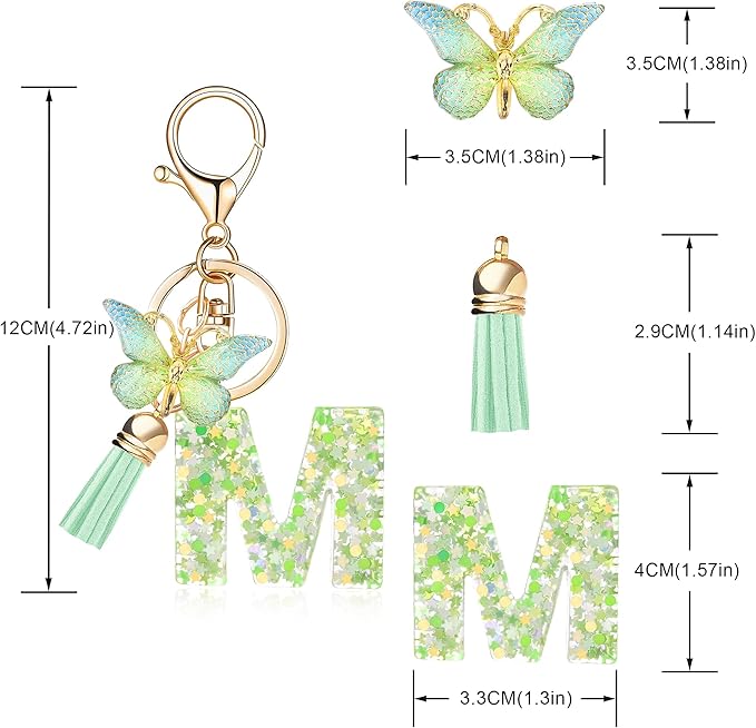 Fashion Alphabet Initial Letter Keychain Tassel Butterfly Pendant Key Ring for Purse Handbags Women Girl