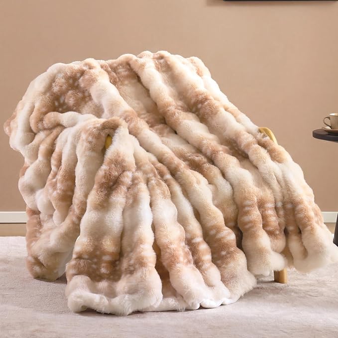 Faux Rabbit Fur Throw for Couch - Deer Brown Bubble Blanket 50"x60" | Fluffy Plush Fuzzy Fawn Throw for Sofa & Bed, Super Soft Cozy Comfrt Blanket,Luxury Aesthetic Deer Print Decor Gift for Women