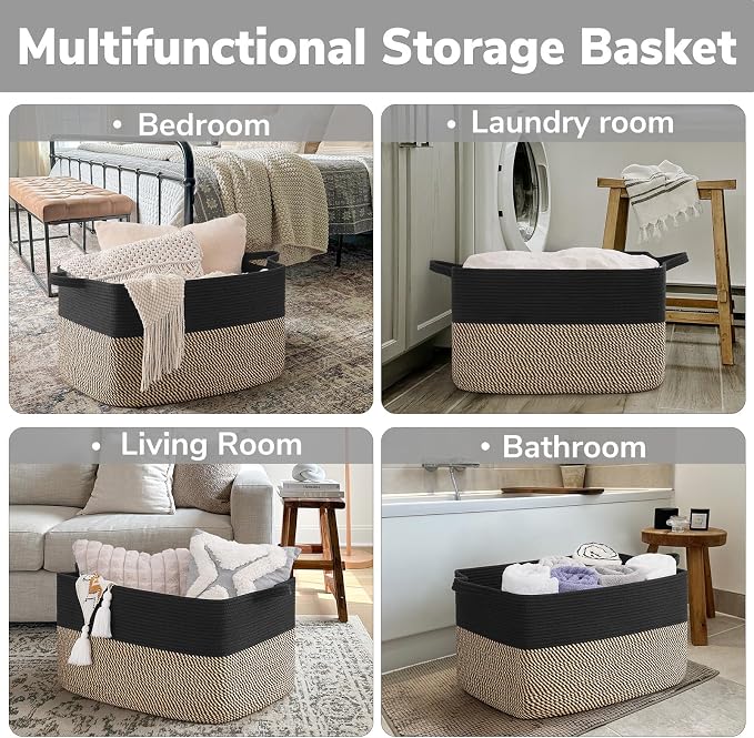 Goodpick 75L Extra Large Woven Blanket Basket, 22" x 17" x 12", Black Jute | Decorative Storage Basket for Blankets, Pillows & Toys, Living Room & Bedroom Organization, Nursery & Home Decor, Rectangle