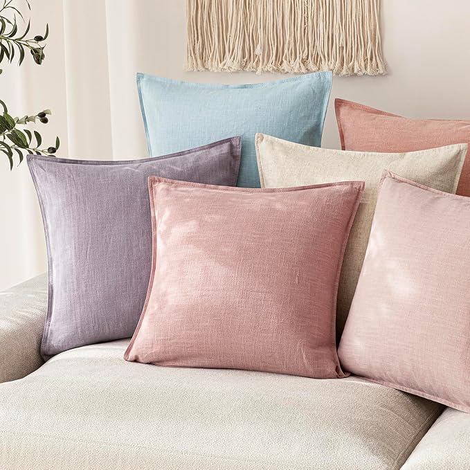 Foindtower Pack of 2, Decorative Linen Solid Throw Pillow Covers Soft Accent Cushion Euro Case Boho Farmhouse Pillowcase for Chair Couch Sofa Bedroom Living Room Home Decor 22 x 22 Inch Rose Pink