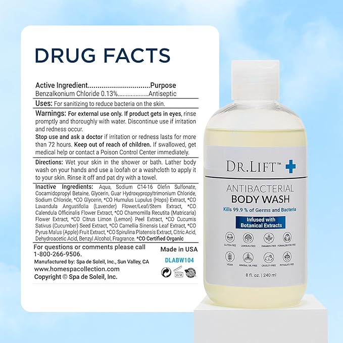 Antibacterial Body Wash | Kills 99.9% of Germs | Made in America | Antibacterial Soap - Infused with Botanical Extracts | Shower Gel Body Wash for Women & Men | Liquid Bath Soap - 8 Oz. | Dr. Lift