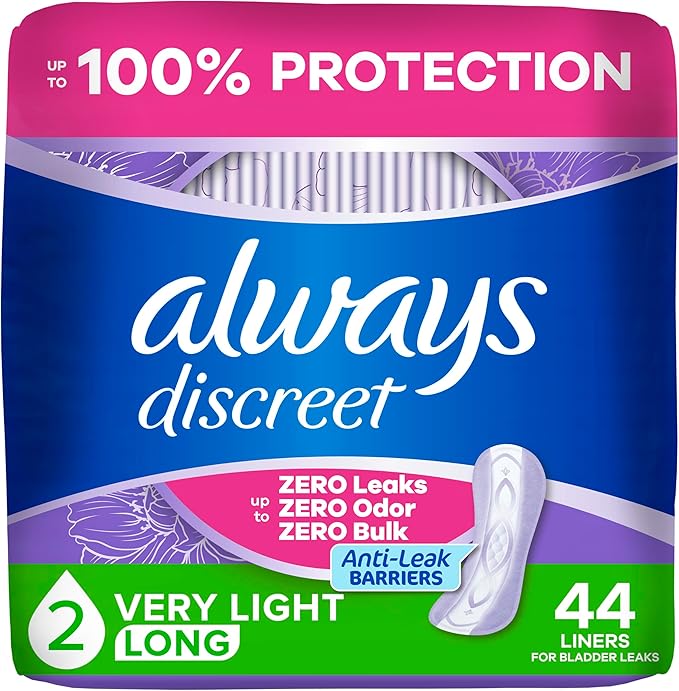 Always Discreet Incontinence Panty Liners for Bladder Leaks, Size 2, Very Light Absorbency, Long Length, 44 CT