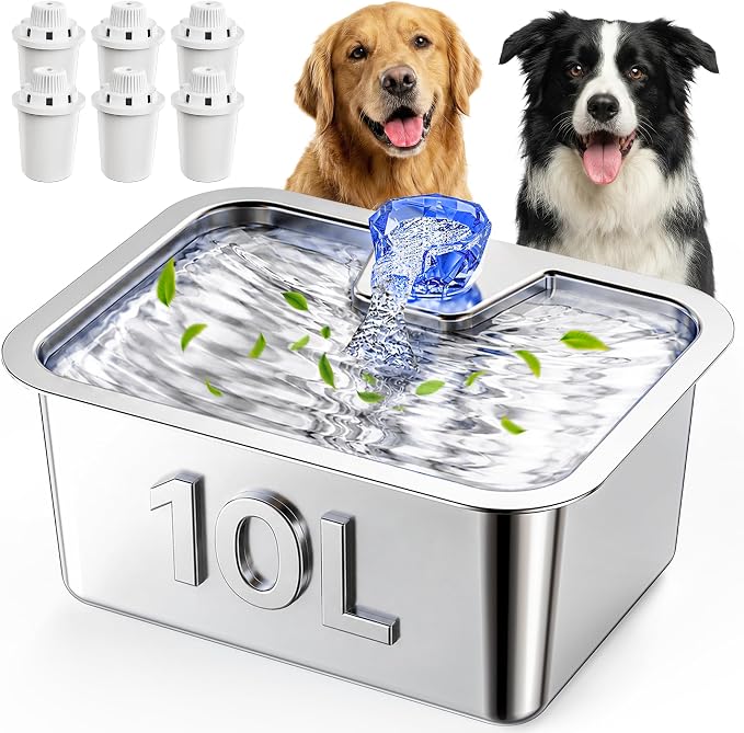 2.56Gal Large Dog Water Fountain Dispenser, 10L Stainless Steel Pet Fountain with 6 Filters, Corded Ultra Quiet Automatic Dog Water Bowl for Large and Multi-Pet Homes, 12 x 8.7 in Drinking Area