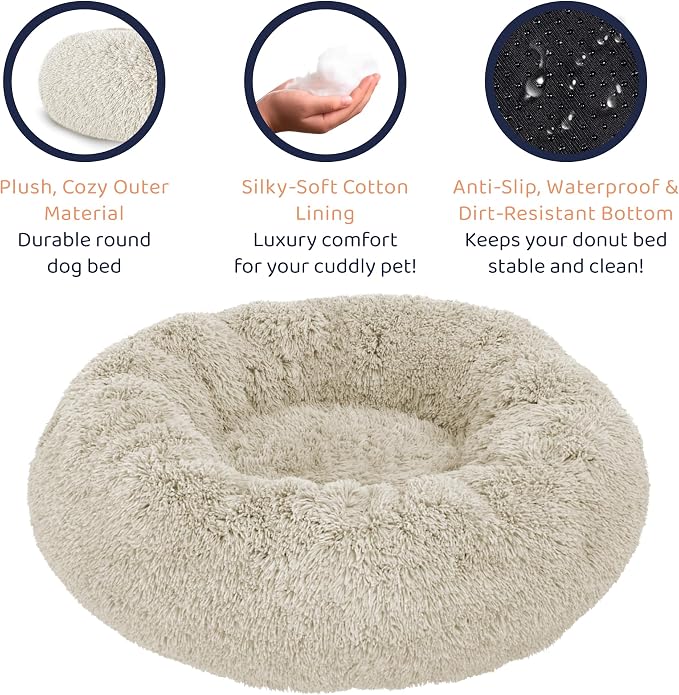 Donut Dog Bed - Premium Comfort for Anxiety Relief - Fluffy & Calming Design with Ultra-Plush Support | Cozy Round Dog Bed with Super Soft Circle Style (Cream, Small)