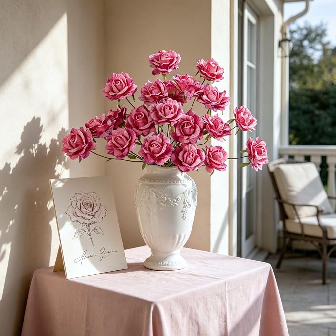 INXUGAO Artificial Flowers Fake Roses for Outdoor, 6Pcs 28" Long Stem Silk Roses for Wedding Indoor Outside Party Decor, Realistic Faux Bouquet for Tall Vase Planter (Fuchsia)