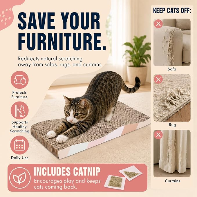 SIDAZON Cat Scratching Board cat Scratcher Cat Scratch Pad Cardboard cat scratchers for Indoor Cats Reversible Large Wide Corrugated with Catnip(2pcs) (Pack of 2)