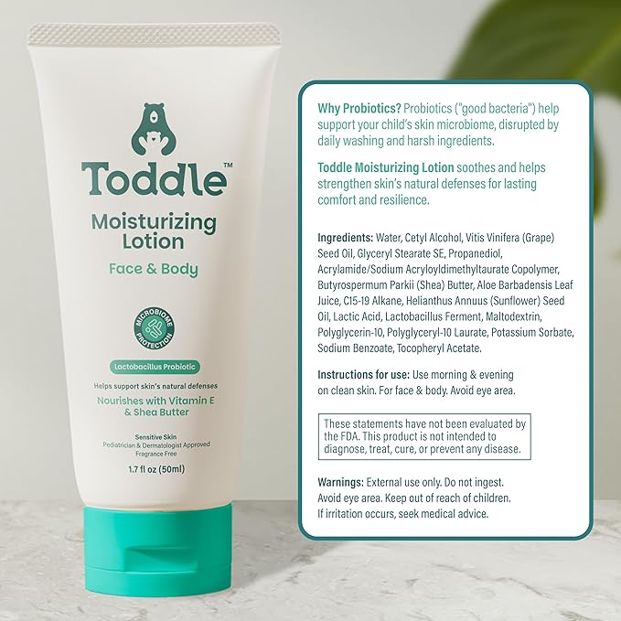 Toddle Probiotic Moisturizing Lotion for Face & Body, Eczema & Dry Skin Relief, Fragrance-Free with Vitamin E, Shea Butter for Sensitive Baby & Kids Skin, Pediatrician-Approved, 3.4oz