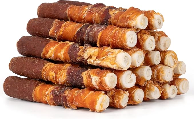 MON2SUN Dog Treats, 6 Inch Triple Flavor Wrapped Rawhide Rolls, 35.27 oz | 20 Count, Chicken Liver, Duck and Chicken Recipe, Teeth Cleaning Chews, Sized for Medium Dogs