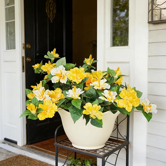 INXUGAO Artificial Flowers for Outdoors Indoors,2 Bunches Fake Hibiscus with Realistic UV Resistant Silk Flower Fabric Leaves,Faux Plants Outside for Home Patio Garden Yard Poch Decor(Yellow,White)