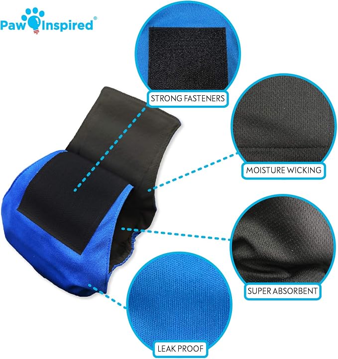 Paw Inspired Washable Male Dog Wraps, Assorted, Black Lining, Small, 3 Pack | S Size, Blue/Green/Brown Colors, Reusable Cloth Belly Bands for Potty Training, Marking, Incontinence, Travel, Surgery