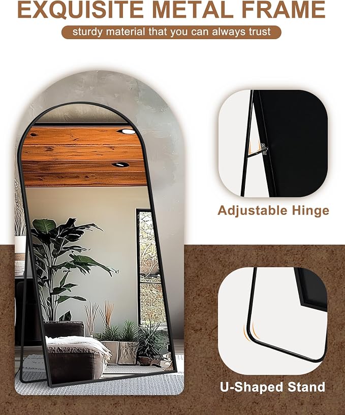 Arched Full Length Mirror with Stand, 70x35 Black Floor Mirror | Aluminium alloy frame with HD float glass for distortion-free reflection. Free standing or wall mounted.
