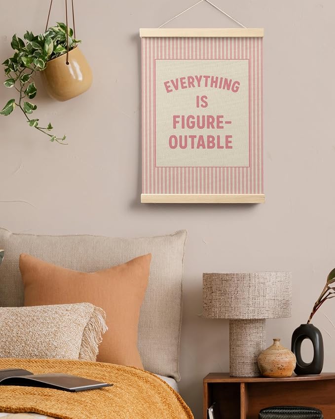 FGFK Preppy Pink Everything Is Figureoutable Inspirational Wall Art Poster Hanger Frame, Girly Pink Striped Positive Affirmations Canvas Prints Framed Wall Decor for Girls Bedroom Dorm, 12x16 Inch