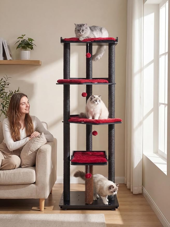 FourFurPets Heavy Duty Cat Tree, 67.7" Cat Tree for Indoor Cats Large Adult, Modern Cat Tower for Large Cats, Cat Tower with Scratching Post, Large Perch and Removable Pads,Black & Red