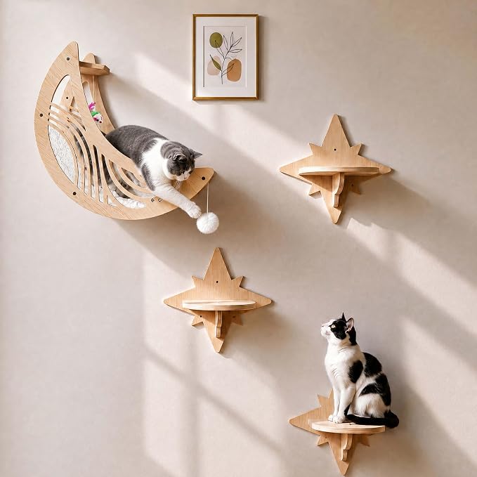 Moon & Star Cat Wall Shelves, Modern Cat Furniture Perch for Indoor Cats | Kitten Shelves with Decorative Cutouts, Space-Saving, Stable & Safe, Paintable, Pre-Drilled, Wood Cat Climbing System
