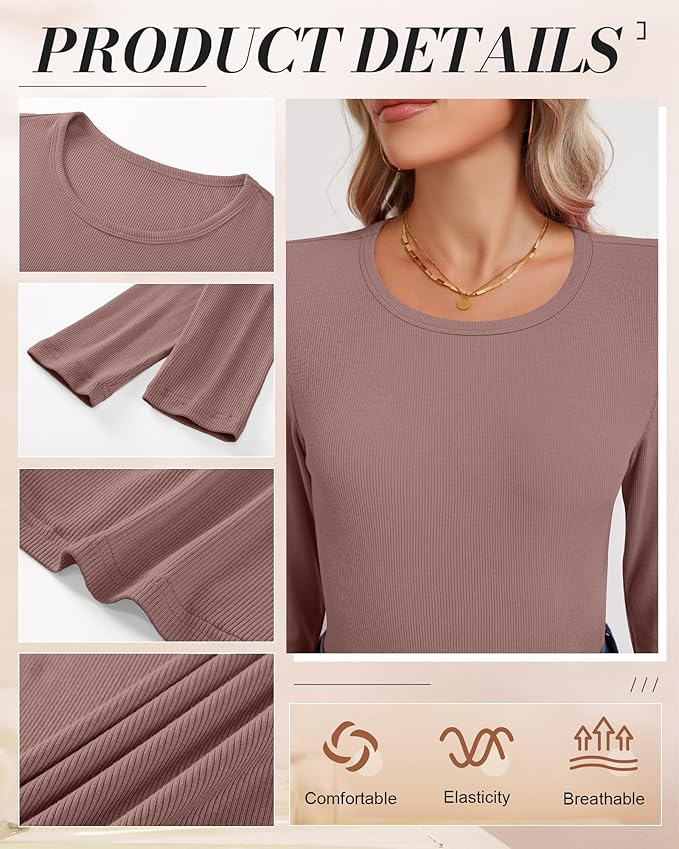 Ficerd 3 Pack Women's Ribbed Long Sleeve Tops, Crew Neck Slim Fit Undershirts Knit Basic Casual Stretch Layering Tee Shirts