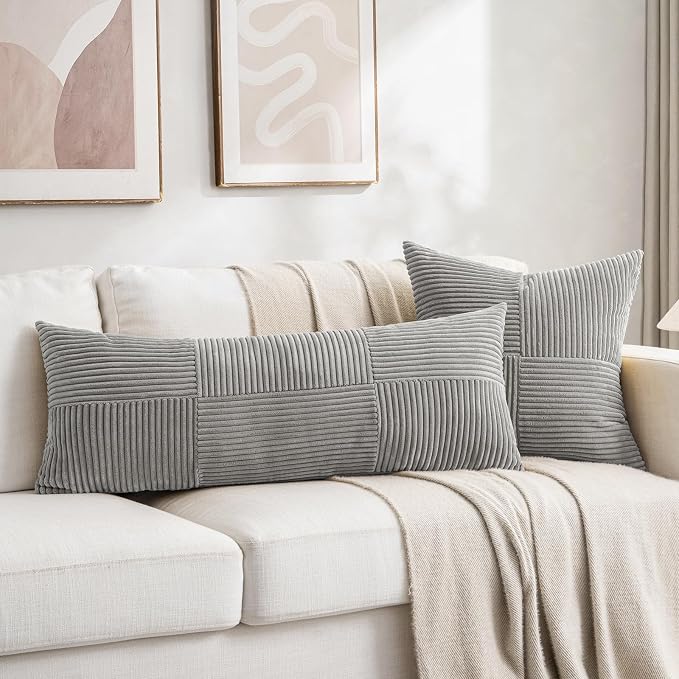 Fancy Homi Set of 1 Neutral Grey Boho Long Lumbar Body Decorative Throw Pillow Cover 14x36 Inch for Bed Couch Bedroom Bench, Soft Patchwork Corduroy Textured Pillow Case, Rustic Farmhouse Room Decor