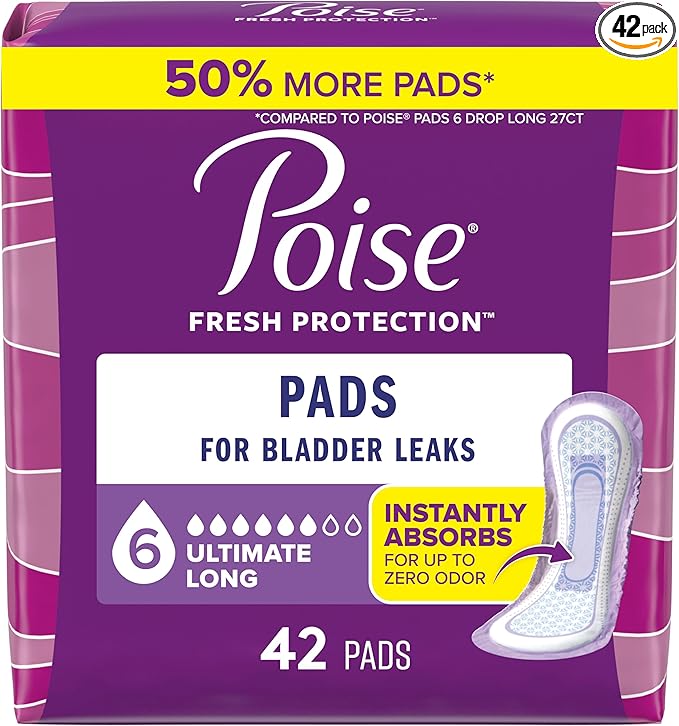Poise Incontinence Pads & Postpartum Incontinence Pads, 6 Drop Ultimate Absorbency, Long Length, 42 Count, Packaging May Vary