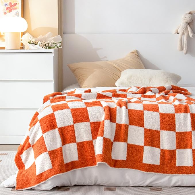 SeaRoomy Fuzzy Checkered Throw Blanket for Couch,Orange 51"X63" | Warm,Cozy,Fluffy,Lightweight,Gift for Women Couch Sofa Bed Room Home Decor