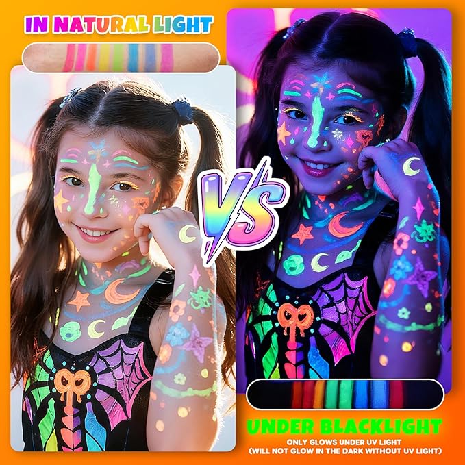 nsxsu Glow in the Dark Face Paint Sticks for Kids 8 Colors, Neon Body Paint Crayons Fluorescent under Black Light, Washable UV Paint Pens for Skin for Birthday Glow Party Accessories Stocking Stuffers