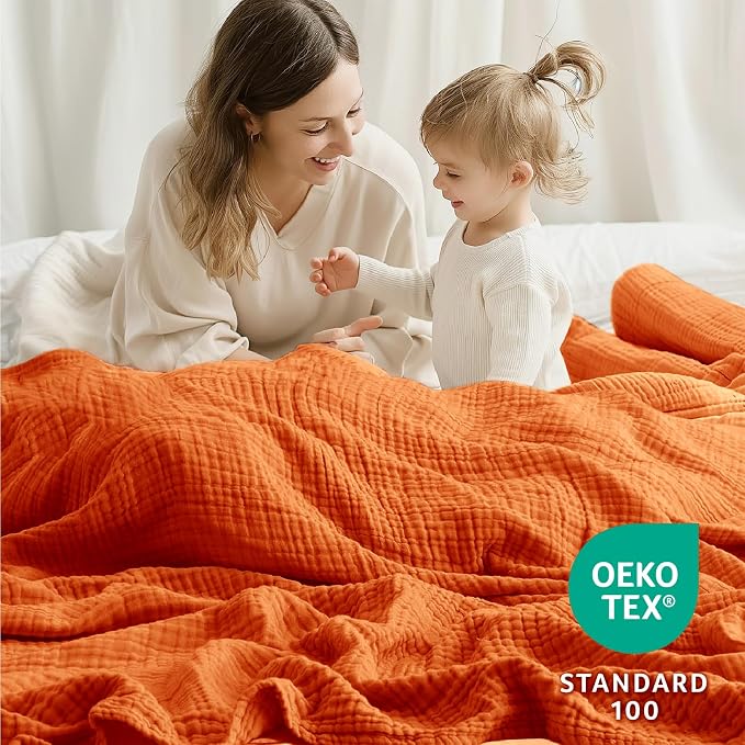 100% Cotton Muslin Blanket Twin 66" x 90", 6 Layers Breathable and Lightweight Cotton Blankets for Couch, Soft Cooling Summer Gauze Blanket for Adults All Season, Orange