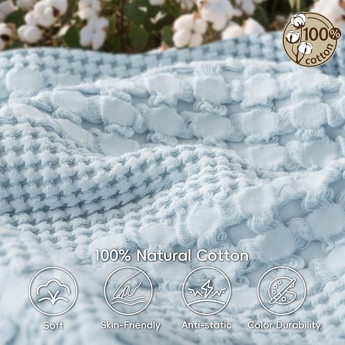 PHF 100% Cotton Waffle Weave Blanket Queen Size, Lightweight Breathable Summer Blanket for Hot Sleepers, Pre-Washed Soft Layer for Bed, Couch, Aesthetic Home Decor & Gift, 90"x90", Sky Blue