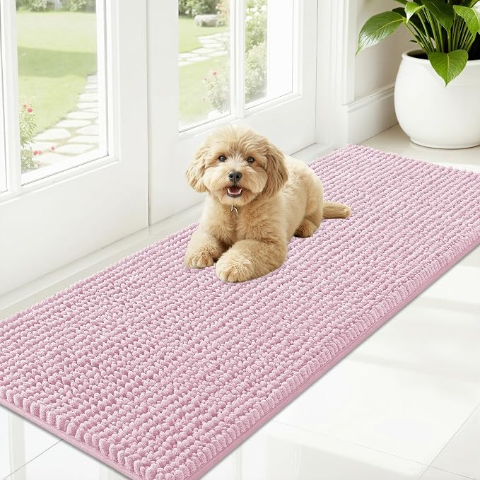 OLANLY Dog Door Mat for Muddy Paws 59x20, Extra Absorbent Chenille Mud Mat | Dusty Rose, Absorbs Moisture and Dirt, Non-Slip Machine Washable Doormat, Quick-Drying Indoor Entryway Floor Mat for Dogs
