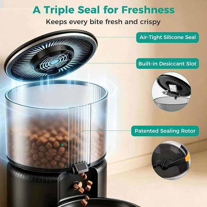 WiFi Automatic Cat Feeder, Smart App Control, 3L | WiFi scheduling, dual power(no battery), detachable & easy clean. Locks dry food flavor, ideal for cats & small dogs.
