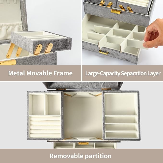 Jewelry Organizer Box, Large Velvet Jewelry Boxes for Women Girls, Space-Saving 3 Layers Jewelry Storage Case with Drawer, Movable Metal Stand, Modern, Gift Idea (Grey)
